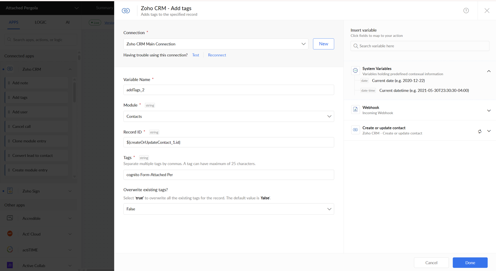 Zoho Flow action configuration